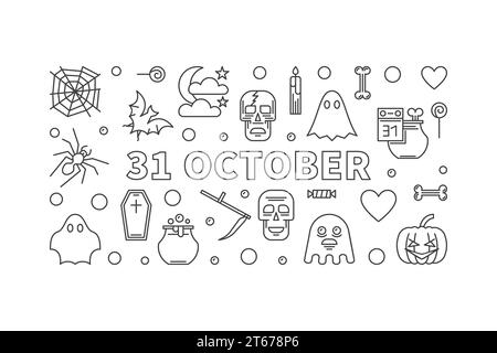 31 October Holiday horizontal outline illustration. Vector Halloween poster or flyer made with linear icons Stock Vector