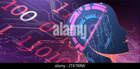 Artificial Intelligence. Technical background with a silhouette of a robot head. Big data concept. Machine cyber mind. Hand drawn vector. Stock Vector