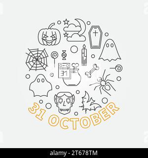 31 October Holiday round outline illustration. Vector Halloween poster or flyer made with linear icons Stock Vector