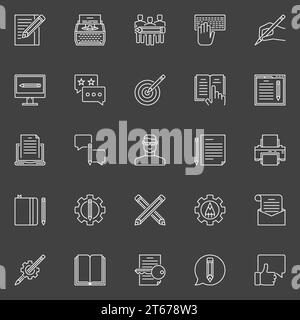 Copywriting outline icons. Vector collection of web content writing linear creative signs on dark background Stock Vector