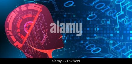 Artificial Intelligence. Technical background with a silhouette of a robot head. Big data concept. Machine cyber mind. Hand drawn vector. Stock Vector