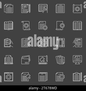 Pages and documents with gear concept vector icons. Technical Documentation thin line signs on dark background Stock Vector