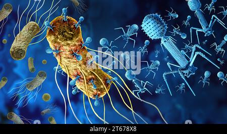 Phage and Bacteriophage attacking bacteria as a virus that infects bacteria as a bacterial virology symbol as a pathogen that attacks bacterial Stock Photo