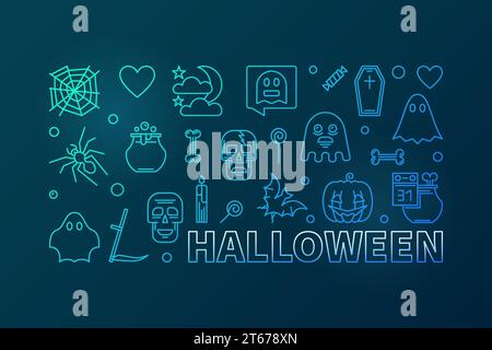 Halloween modern colorful greeting card or banner. Vector horizontal illustration in outline style on dark background Stock Vector