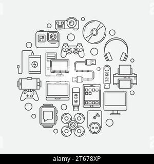 Gadgets and devices round illustration. Vector linear symbol in circular shape made with icons of modern electronic devices Stock Vector