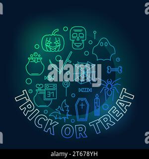 Trick or Treat round vector Halloween Holiday colored illustration or greeting card in outline style on dark background Stock Vector