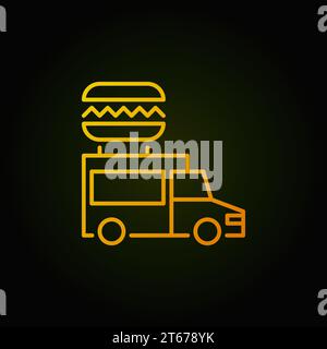 Food truck yellow icon - vector truck with hamburger outline symbol on dark background. Street food concept sign Stock Vector