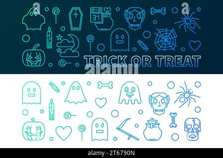 Halloween colorful banners. Vector concept horizontal 31 oct Holiday illustration in thin line style Stock Vector