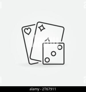 Playing cards with dice icon. Vector concept casino symbol or logo element in thin line style Stock Vector