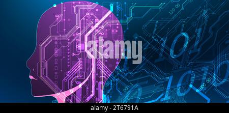 Artificial Intelligence. Technical background with a silhouette of a robot head. Big data concept. Machine cyber mind. Hand drawn vector. Stock Vector