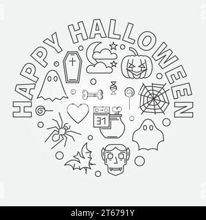 Happy Halloween round vector Holiday illustration or greeting card in thin line style Stock Vector