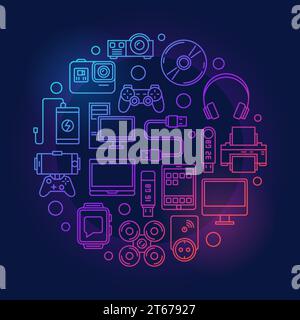 Colorful gadgets and devices illustration. Vector round outline symbol in circular shape made with icons of modern electronic devices on dark backgrou Stock Vector
