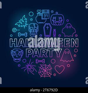 Halloween party outline round colored illustration. Vector modern Halloween Holiday greeting card or party invitation in thin line style on dark backg Stock Vector