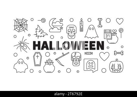 Halloween horizontal vector Holiday illustration or modern banner in thin line style Stock Vector