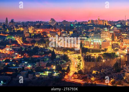 Scenic view of the Jewish Quarter of the Old City of Jerusalem at dusk Stock Photo
