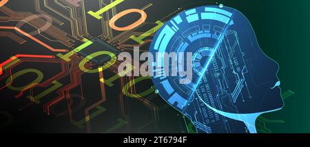 Artificial Intelligence. Technical background with a silhouette of a robot head. Big data concept. Machine cyber mind. Hand drawn vector. Stock Vector