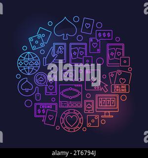 Online casino round illustration. Vector colorful online poker and casino creative circular gambling symbol in thin line style on dark background Stock Vector