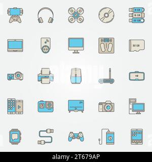 Devices colorful icons. Vector quadrocopter, smartwatch, clocks, smart scales, laptop and other gadgets creative signs Stock Vector