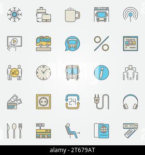 Bus and coach travel icons - vector colorful buses services signs or design elements - wi-fi, tickets, plug sockets, toilets Stock Vector