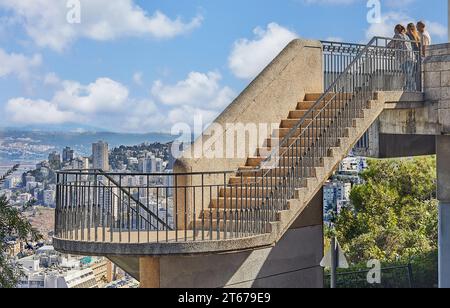 Haifa, Israel - October 22, 2023: Staircase on Louis Quay overlooking Haifa, next to the Bahai Temple. Stock Photo