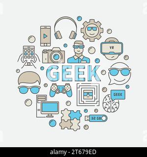 Geek round colorful illustration. Vector circular nerd symbol made with gadget icons and word GEEK Stock Vector