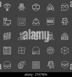 Geek line vector icons. Collection of faces with glasses outline symbols and other creative nerd signs on dark background Stock Vector