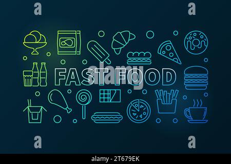 Fast food colored horizontal banner. Vector junk food illustration in thin line style on dark background Stock Vector