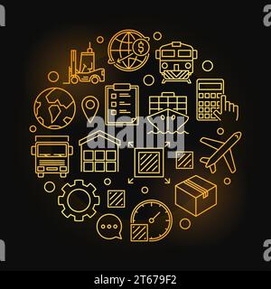 Global logistics symbol. Vector round transportation and shipping golden symbol in outline style on dark background Stock Vector