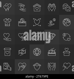 Charity and donation outline icons. Vector give and donate money linear signs on dark background Stock Vector