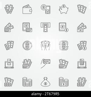 Money icons set - vector collection of cash and credit card payments concept symbols in thin line style Stock Vector