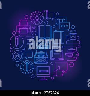 Copywriting and marketing colorful illustration. Vector minimal content writing and blogging circular outline sign on blue background Stock Vector