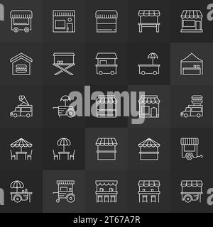 Street food minimal icons - vector food cart, market stall and mobile cafe concept signs on dark background Stock Vector