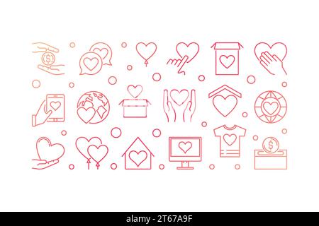 Red charity and fundraising vector concept illustration or horizontal banner in outline style on white background Stock Vector