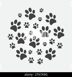 Dark paw Prints round illustration. Vector dog or cat footprints circular symbol Stock Vector