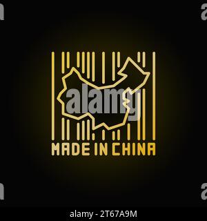 China map in barcode golden icon - vector Made in China symbol or design element on dark background Stock Vector