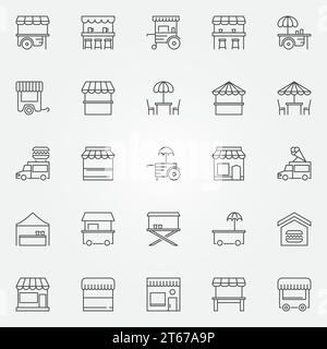 Street food outline icons. Vector market stall, food truck, mobile cafe concept symbols in thin line style Stock Vector