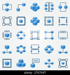 Blockchain blue icons set - vector block chain technology concept flat symbols. Chain and cube design elements Stock Vector