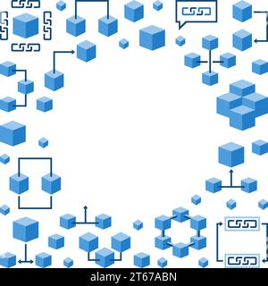 Blockchain round frame. Vector modern background made with blue block chain icons Stock Vector