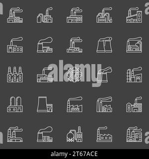 Factory buildings icons. Vector collection of outline factories symbols on dark background Stock Vector