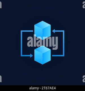 Concept blockchain icon - vector two blue cubes with arrows sign on dark background Stock Vector