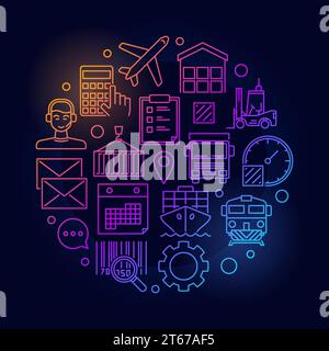 Logistics bright round illustration - vector colorful shipping and delivery concept sign in thin line style on dark background Stock Vector