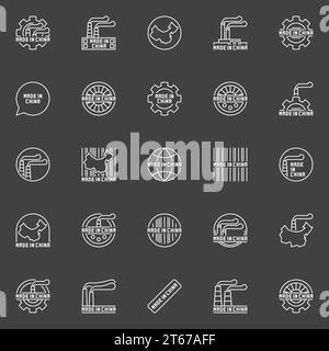 Made in China business icons. Vector outline China manufacturing symbols on dark background Stock Vector