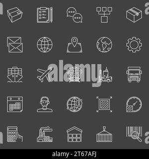 Warehouse and logistics outline icons - vector minimal delivery and transportation linear symbols on dark background Stock Vector