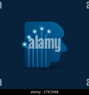 Digital human head with electronic network or circuit board vector icon or logo element on dark background Stock Vector