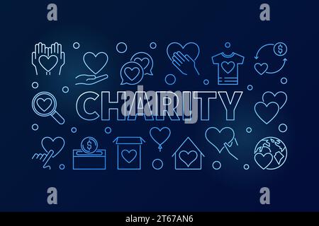 Charity blue horizontal illustration - vector bright creative banner in thin line style on dark background Stock Vector