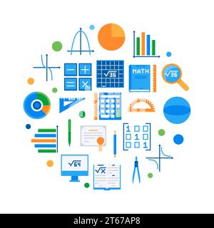 Mathematics and science round flat vector illustration. Algebra or math symbol Stock Vector