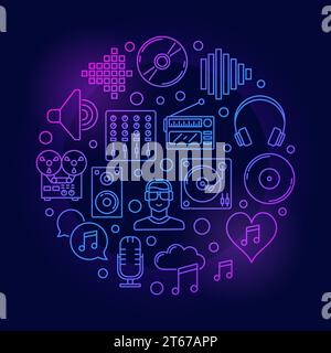 Creative colorful music illustration - vector blue and violet circle sign in thin line style on dark background Stock Vector