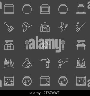 Fish and aquarium icons. Vector collection of aquariumistics outline minimal symbols on dark background Stock Vector