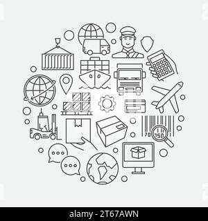 Logistics and shipping round illustration. Vector modern delivery concept sign made with logistic outline icons Stock Vector
