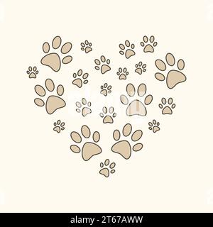 Heart with brown cat paw prints illustration - vector colored footprints in heart shape symbol Stock Vector